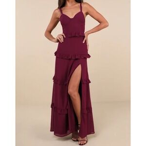 Lulus Sincerely Poised Plum Burgundy Tiered Ruffle Maxi Dress Backless size M